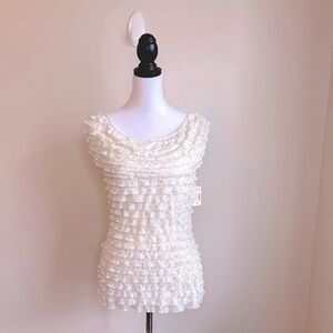 NWT Dress Barn Collection Sleeveless Ruffle Top Cream w/Gold Foil Print Size 4